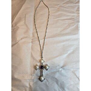 Vtg Sarah Coventry Silver Tone Cross Pendant Necklace With Faux Pearls & Purple